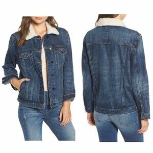 NWT Good American Trucker Boyfriend Denim Sherpa Button Down Jacket size 00/ XS